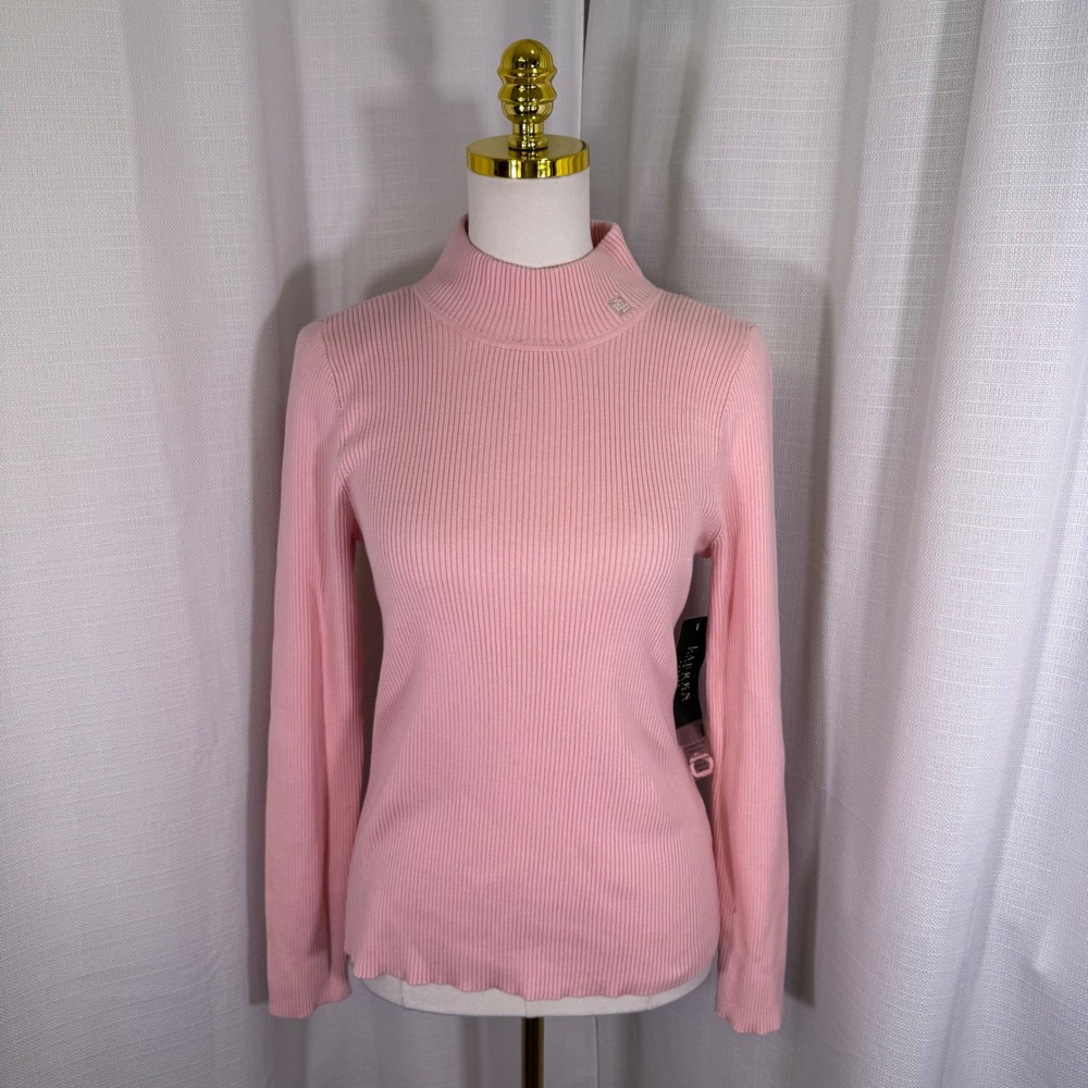 NEW Lauren Ralph Lauren Mock Neck Sweater Womens PL Pink Ribbed Cotton Petite